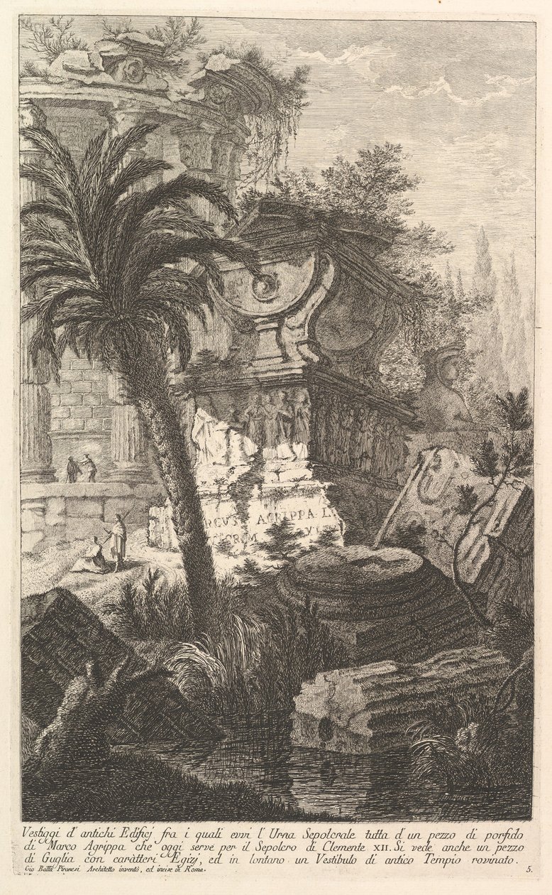 Rester av gamle bygningsverk, blant annet står gravurnen til Marcus Agrippa ma..., ca. 1750. av Giovanni Battista Piranesi