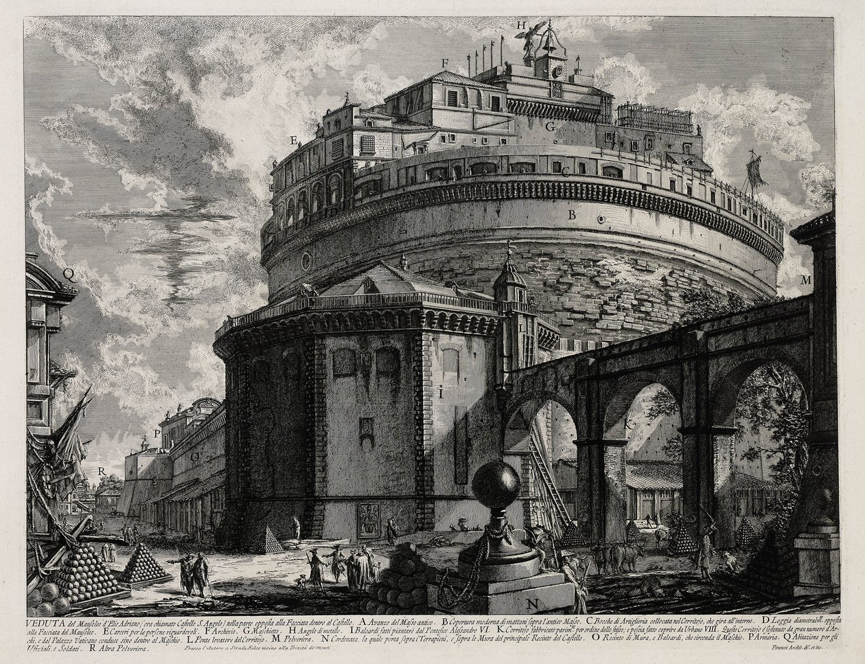 Bakside av Hadrians mausoleum, nå kalt Engelsborgen (fra: Vedute di Roma) av Giovanni Battista Piranesi
