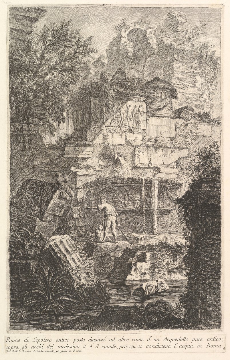 Ruinene av en gammel grav foran ruinene av en gammel akvedukt Ruine di Sepolcro a..., ca. 1750. av Giovanni Battista Piranesi