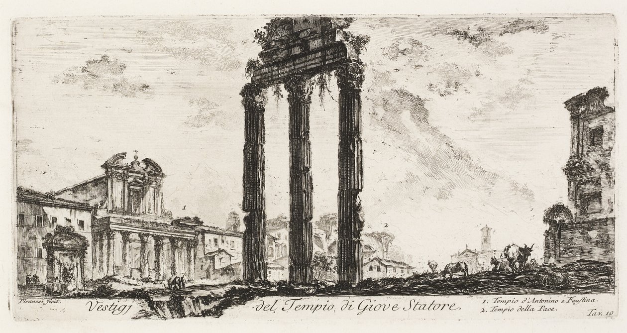 Ruinene av Temple of Jupiter Stator [Jupiter the Supporter]. 1. Antoninus og Faustinas tempel. 2. Fredens tempel, plate 10 fra noen utsikter over triumfbuer og andre monumenter av Giovanni Battista Piranesi