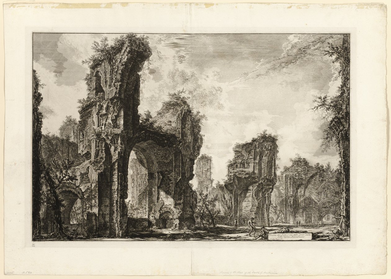 Ruinene av Xystus [en lang åpen portiko brukt til atletiske øvelser], den sentrale hallen til Antonine Baths [The Baths of Caracalla], fra utsikt over Roma av Giovanni Battista Piranesi