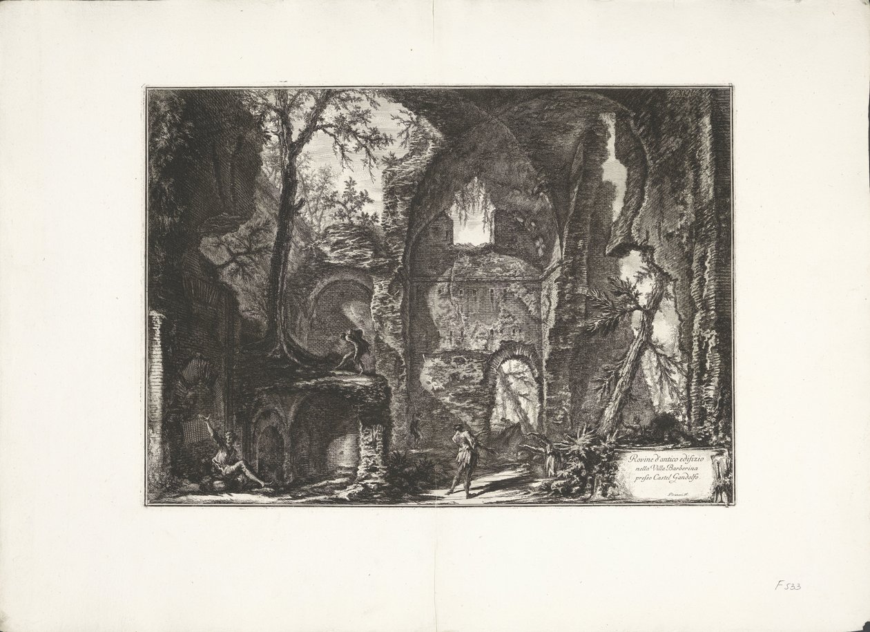 Ruïne i Villa Barberini Ruinene av en gammel bygning i Villa Barberina nær Castel Gandolfo (tittel på objekt) Archeologische vondsten uit Albano en Castel Gandolfo (serietittel) Antikviteter til Albano og Castel Gandolfo (serietittel) av Giovanni Battista Piranesi