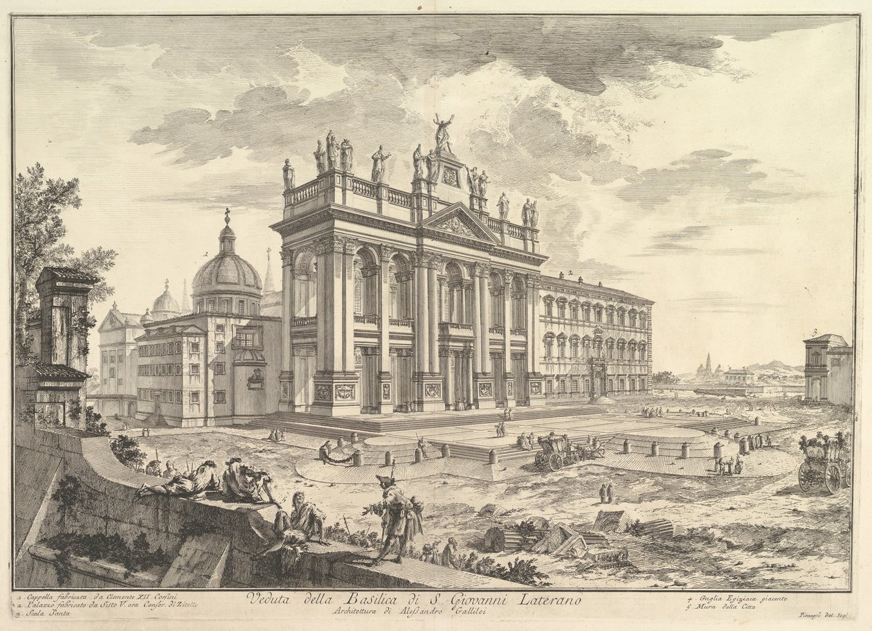 S. Giovanni in Laterano, hovedfasade, med Palace og Scala Santa til høyre Veduta..., ca. 1749. av Giovanni Battista Piranesi