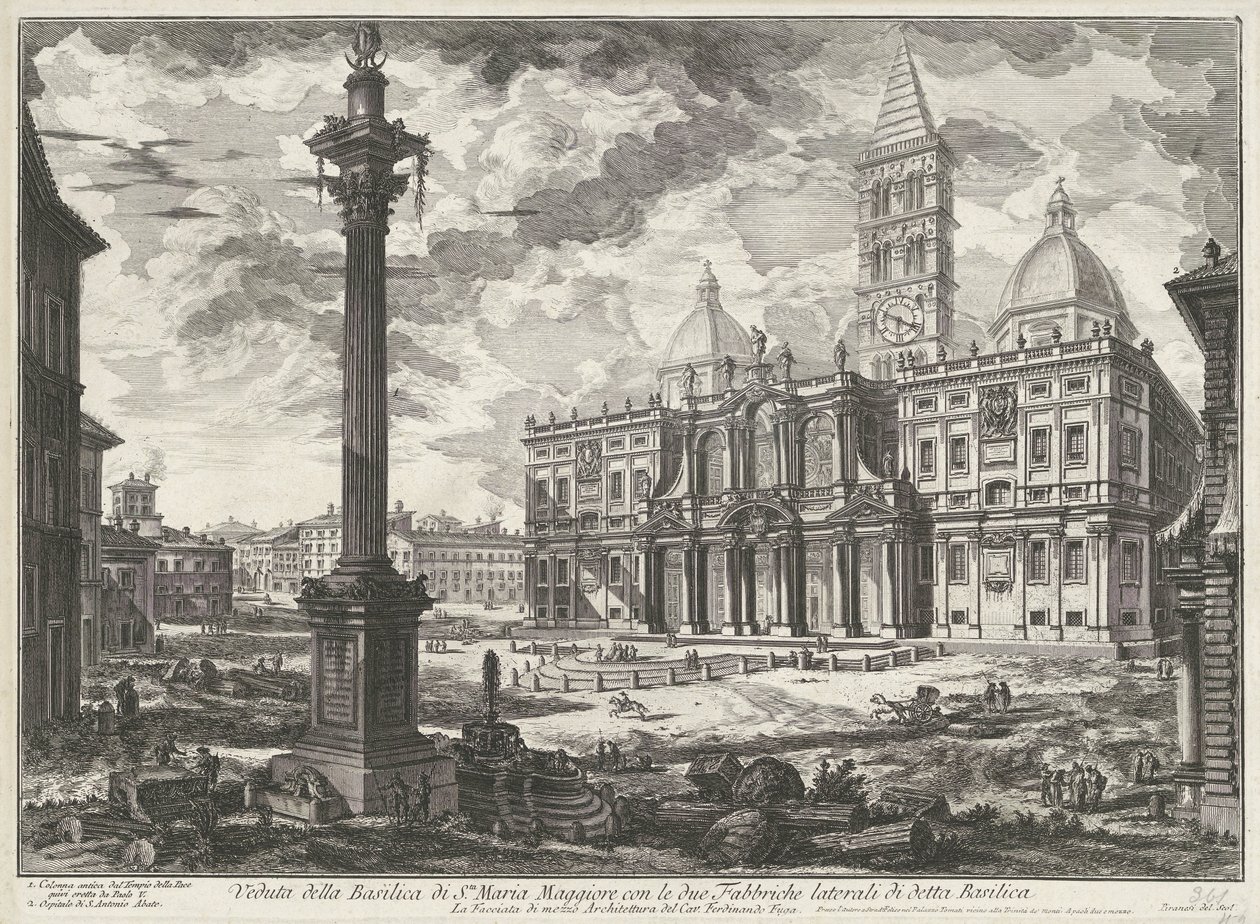 Santa Maria Maggiore i Roma Utsikt over basilikaen Santa Maria Maggiore med de to sidefabrikkene til nevnte basilika (tittel på objektet) Gezichten op Roma (serietittel) Utsikt over Roma designet og gravert av Giambattista Piranesi-arkitekten Ve (nez) ia av Giovanni Battista Piranesi
