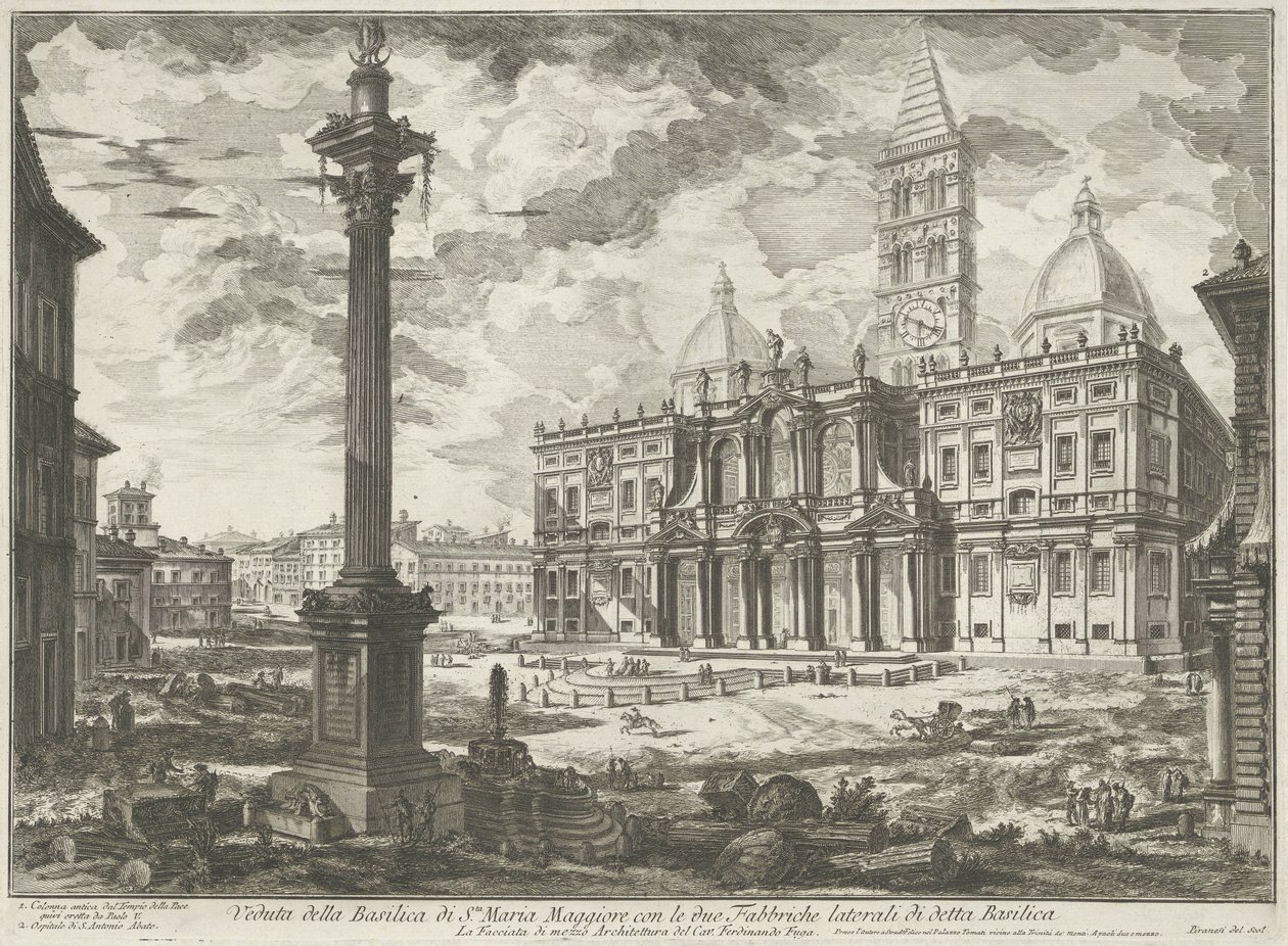 Santa Maria Maggiore i Roma Utsikt over basilikaen Santa Maria Maggiore med de to sidefabrikkene til nevnte basilika (tittel på objektet) Gezichten op Roma (serietittel) Utsikt over Roma designet og gravert av Giambattista Piranesi-arkitekten Ve (nez) ia av Giovanni Battista Piranesi