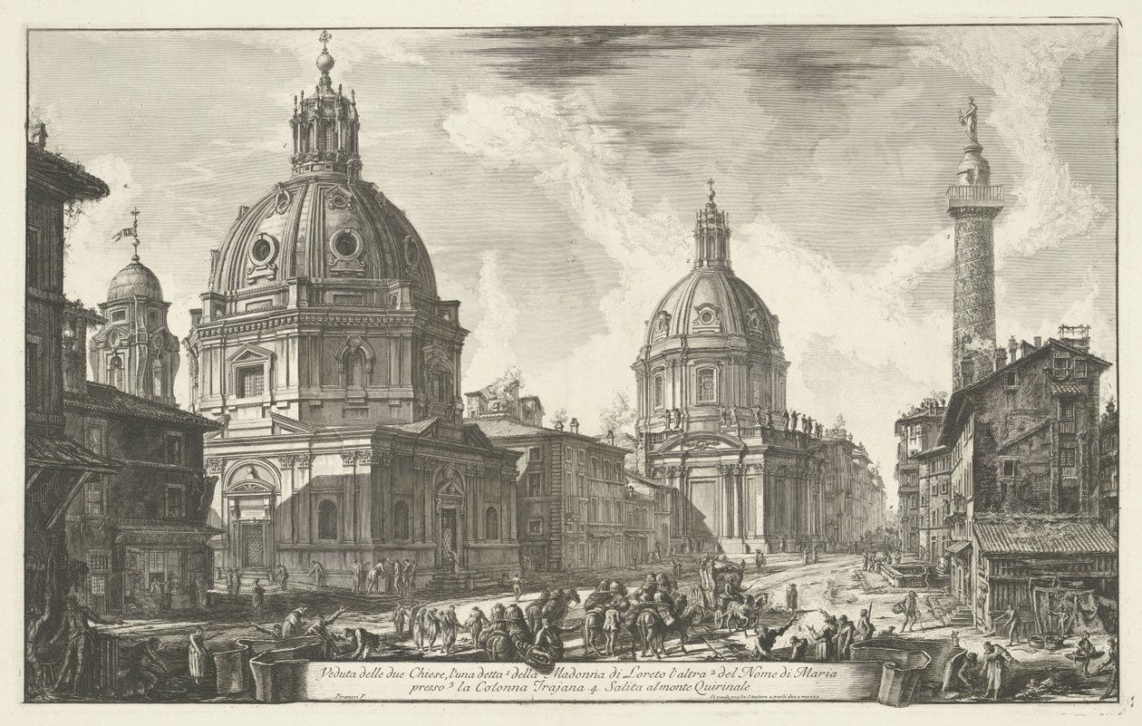 Santa Maria di Loreto en de Santissimo Nome di Maria te Roma Utsikt over de to kirkene (...) (tittel på objekt) Gezichten op Roma (serietittel) Utsikt over Roma designet og gravert av Giambattista Piranesi-arkitekten Ve (nez) iano (serietittel) av Giovanni Battista Piranesi