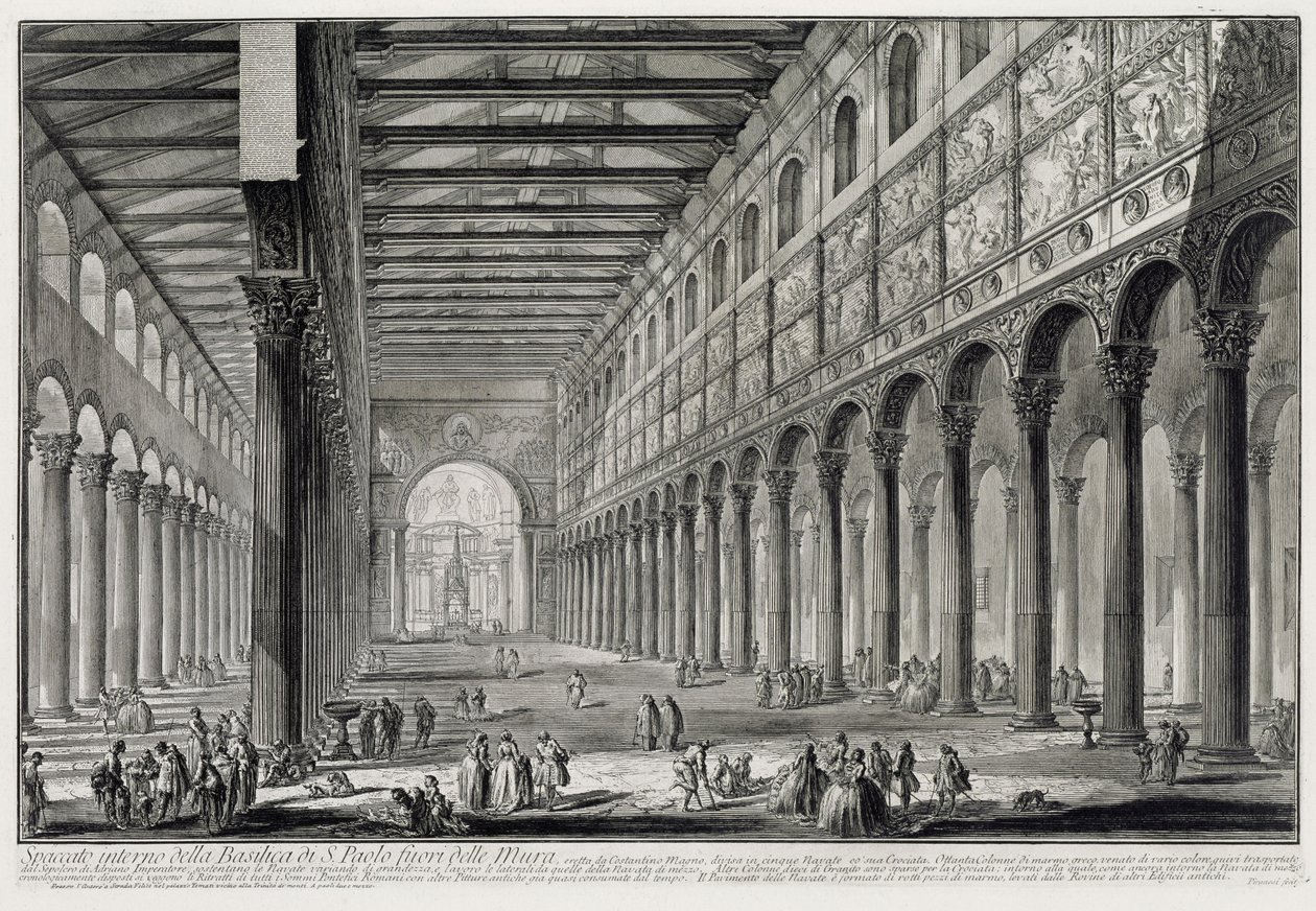 Snitt gjennom interiøret i basilikaen San Paolo fuori le Mura (fra: Vedute di Roma) av Giovanni Battista Piranesi