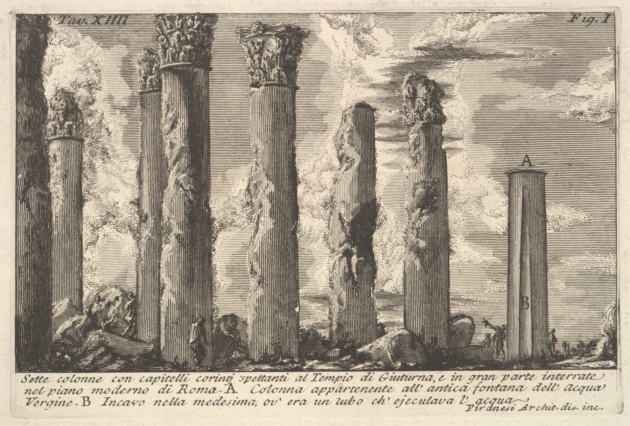 Syv søyler av Juturna-tempelet med korintiske hovedsteder. . . Sette kolon..., 1700-tallet. av Giovanni Battista Piranesi