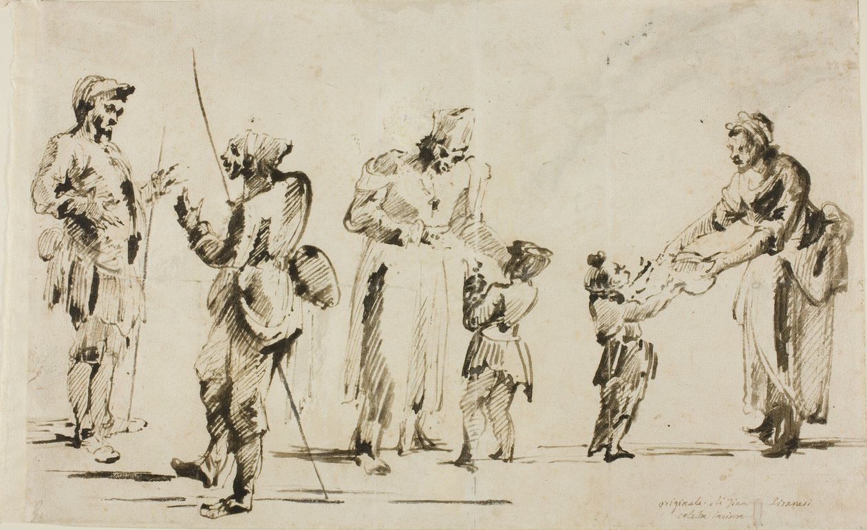 Ark med skisser: Seks figurer av Giovanni Battista Piranesi