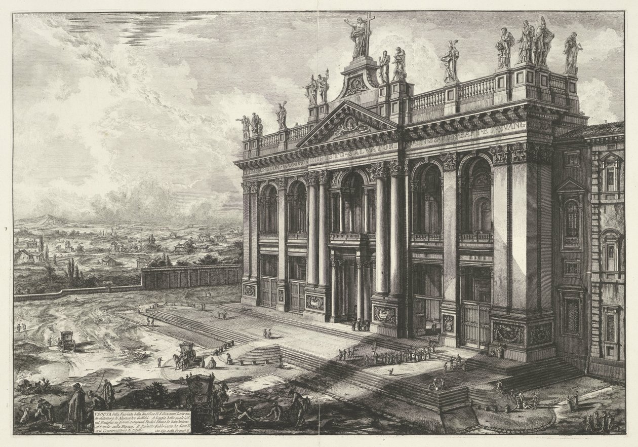 Sint-Jan van Lateranen te Roma Utsikt over fasaden til basilikaen S. Giovanni Laterano (...) (tittel på objekt) Gezichten op Roma (serietittel) Utsikt over Roma designet og gravert av Giambattista Piranesi-arkitekten Ve (nez) iano (serietittel) av Giovanni Battista Piranesi