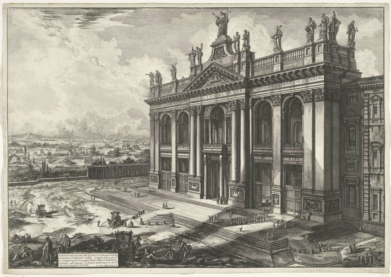 Sint-Jan van Lateranen te Roma Utsikt over fasaden til basilikaen St. John Lateran (...) (tittel på objekt) Gezichten op Roma (serietittel) Utsikt over Roma designet og gravert av Giambattista Piranesi-arkitekten Ve (nez) iano (serietittel) av Giovanni Battista Piranesi
