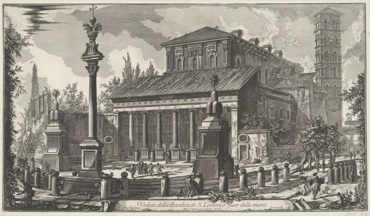 Sint-Laurens buiten de Muren te Roma Utsikt over basilikaen S. Lorenzo utenfor murene (tittel på objekt) Gezichten op Roma (serietittel) Utsikt over Roma designet og gravert av Giambattista Piranesi-arkitekten Ve (nez) iano (serietittel) av Giovanni Battista Piranesi