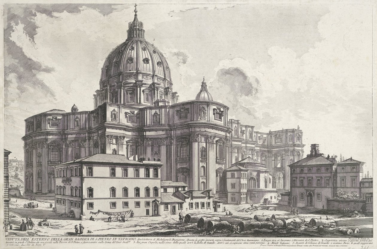 Sint-Pietersbasiliek vanaf Sakristiets plass Utsikt over utsiden av den store Peterskirken i Vatikanet (tittel på objekt) Gezichten op Roma (serietittel) Utsikt over Roma designet og gravert av Giambattista Piranesi-arkitekten Ve (nez) iano (ser) av Giovanni Battista Piranesi