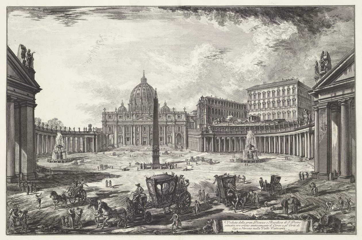 Sint-Pietersplein med de Sint-Pietersbasiliek te Vaticaanstad Utsikt over det store torget og Peterskirken (...) (tittel på objekt) Gezichten op Roma (serietittel) Utsikt over Roma designet og gravert av Giambattista Piranesi-arkitekten Ve (nez) iano (s av Giovanni Battista Piranesi