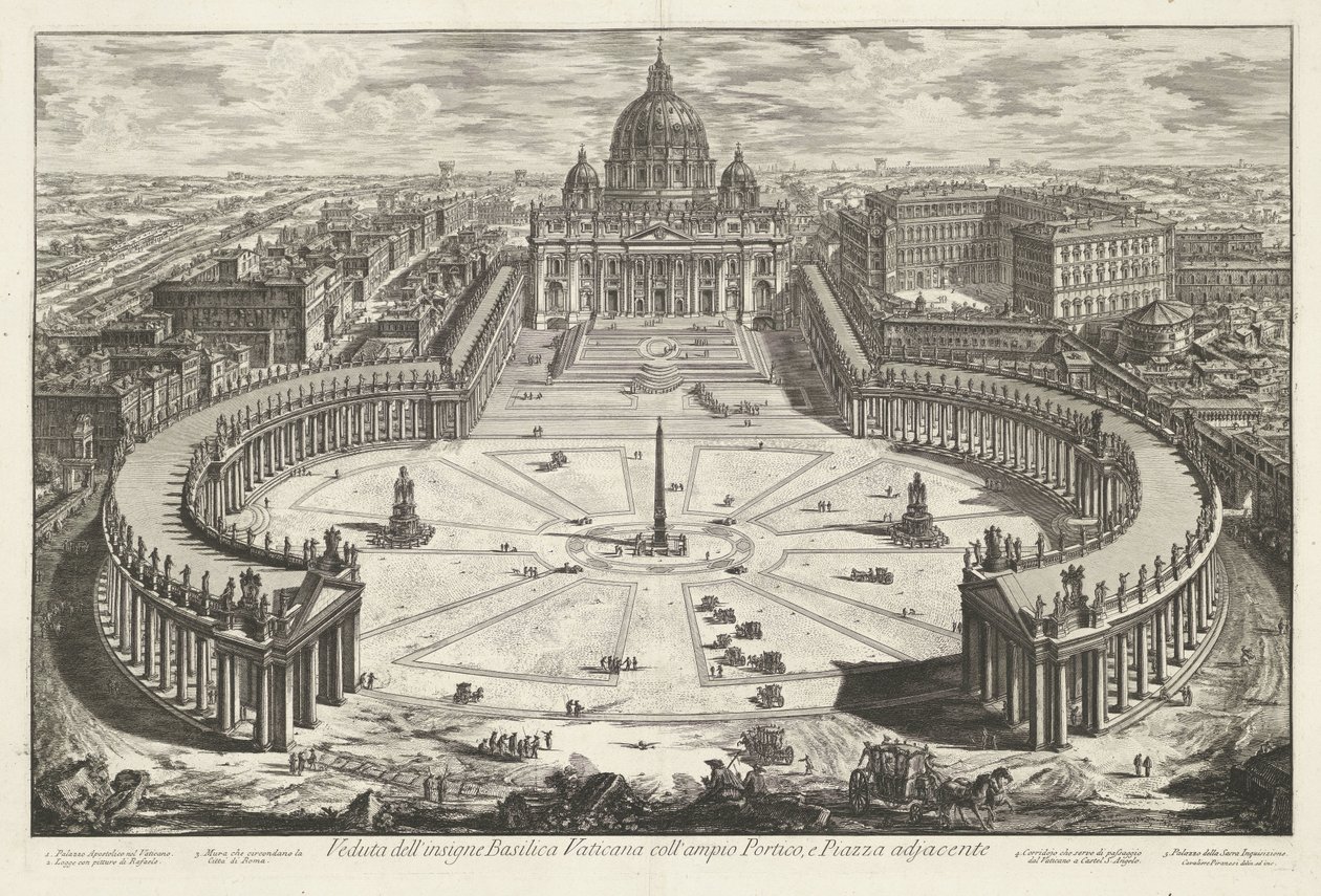 Sint-Pietersplein med de Sint-Pietersbasiliek te Vaticaanstad Utsikt over den berømte Vatikanbasilikaen med sin store portiko og tilstøtende Piazza (tittel på objektet) Gezichten op Roma (serietittel) Utsikt over Roma designet og gravert av Giambattista Pi av Giovanni Battista Piranesi