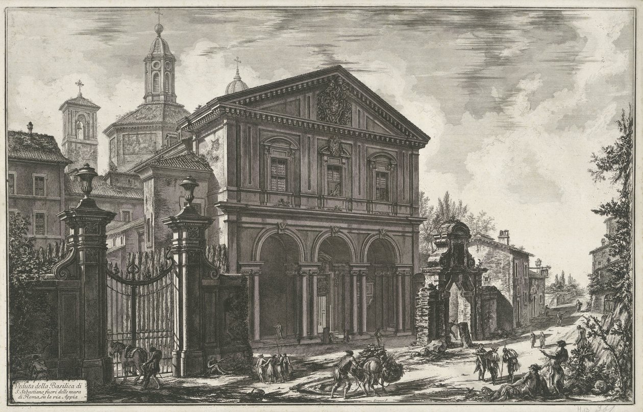 Sint-Sebastiaan buiten de Muren te Roma Utsikt over basilikaen S. Sebastiano utenfor Romas murer, på Via Appia (tittel på objekt) Gezichten op Roma (serietittel) Utsikt over Roma designet og gravert av Giambattista Piranesi-arkitekten Ve (nez) ian av Giovanni Battista Piranesi