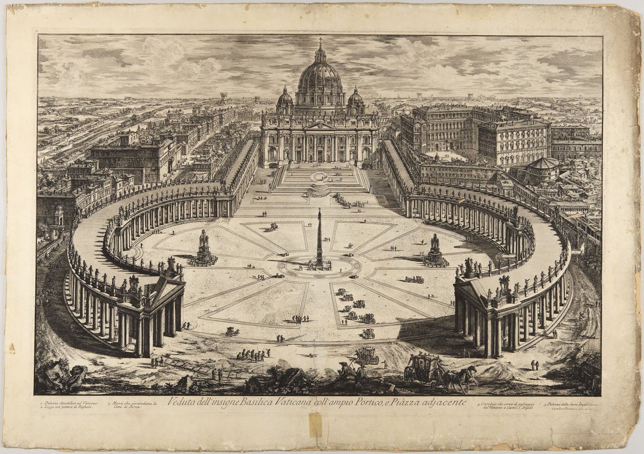 Peterskirken med forgård og kolonnader: fugleperspektiv av Giovanni Battista Piranesi