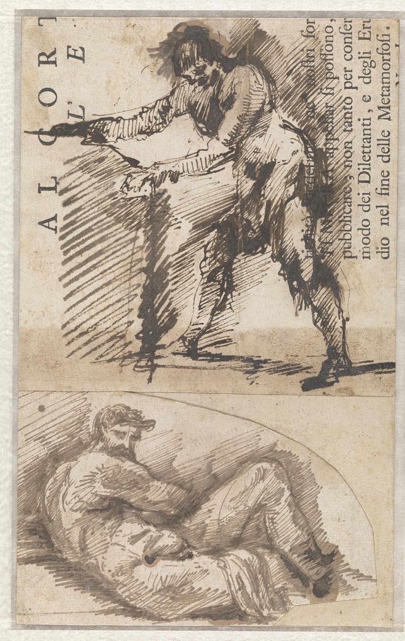 Studie av en stående mannlig figur som måler opp en sokkel (a). Studie etter Michelangelos Il Giorno (b) av Giovanni Battista Piranesi