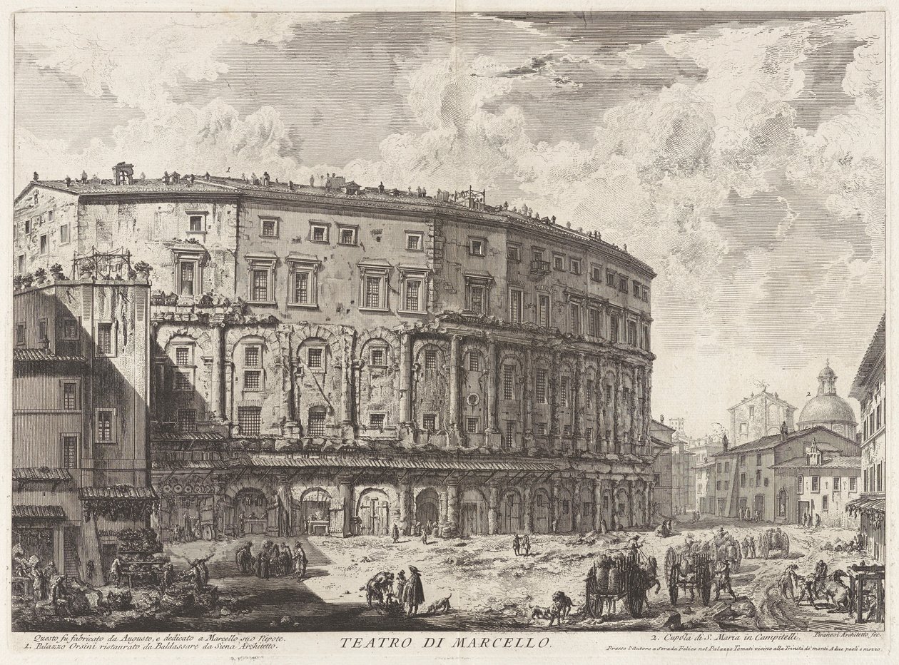 Marcellus teater. Denne bygningen ble bygget av Augustus, og dedikert til hans nevø Marcellus), fra Vedute di Roma (Utsikt over Roma) av Giovanni Battista Piranesi