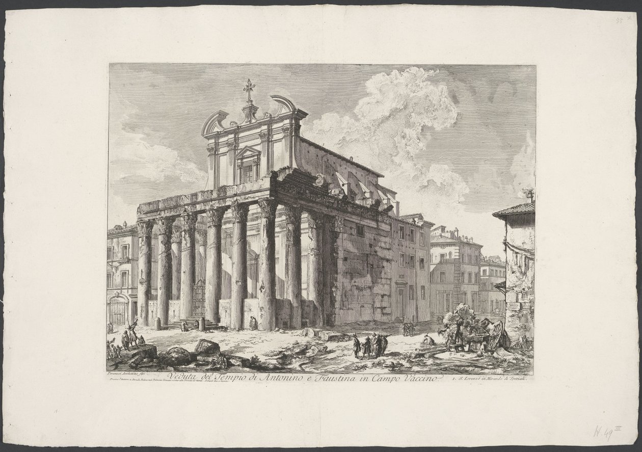 Tempel van Antoninus en Faustina te Roma Utsikt over tempelet til Antoninus og Faustina i Campo Vaccino (tittel på objekt) Gezichten op Roma (serietittel) Utsikt over Roma designet og gravert av Giambattista Piranesi-arkitekten Ve (nez) iano (serietittel) av Giovanni Battista Piranesi