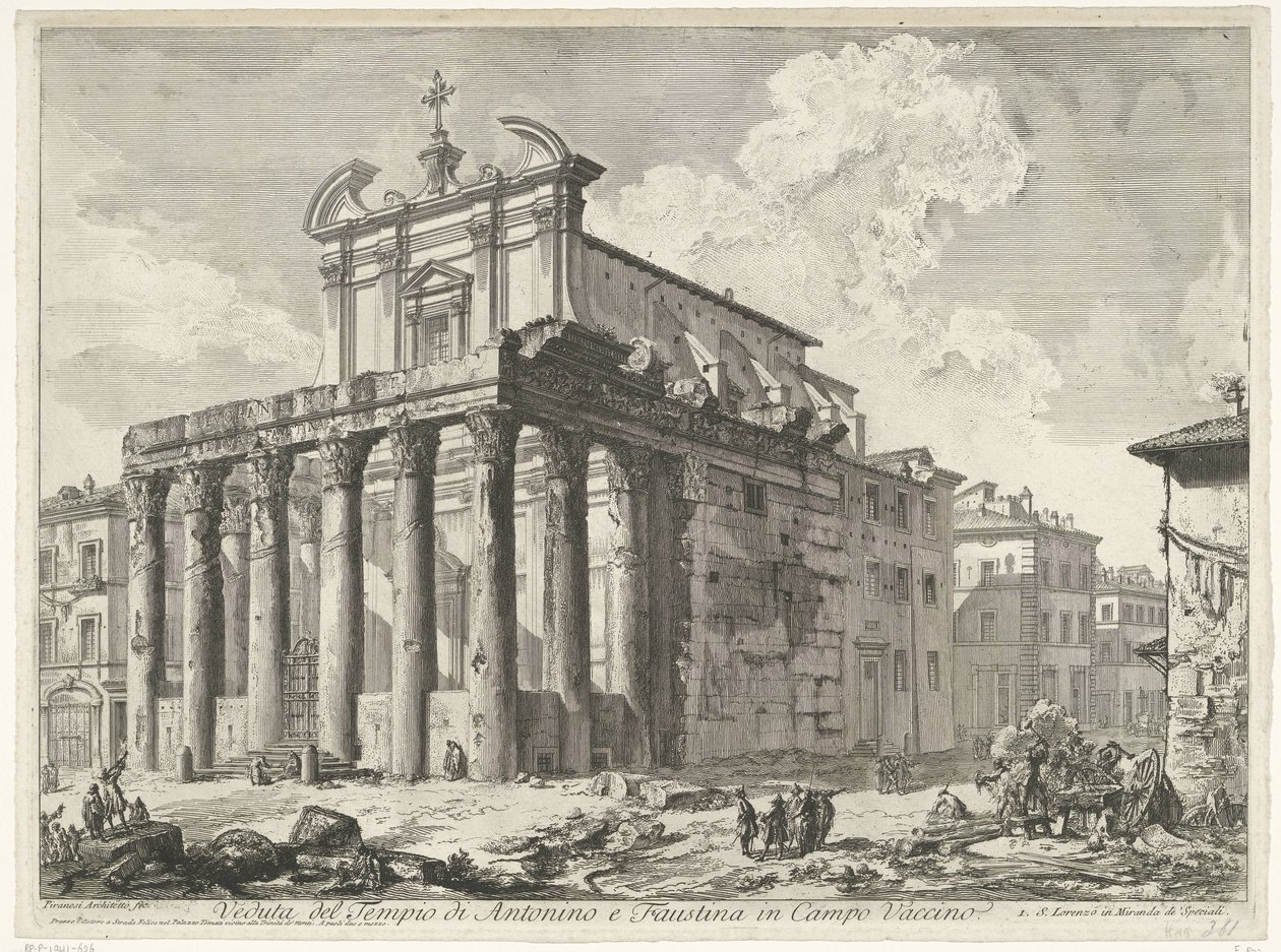 Tempel van Antoninus en Faustina te Roma Utsikt over tempelet til Antoninus og Faustina i Campo Vaccino (tittel på objekt) Gezichten op Roma (serietittel) Utsikt over Roma designet og gravert av Giambattista Piranesi-arkitekten Ve (nez) iano (serietittel) av Giovanni Battista Piranesi