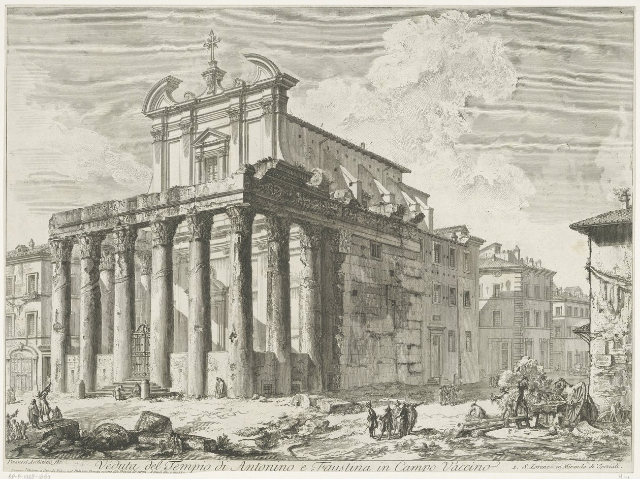 Tempel van Antoninus en Faustina te Roma Utsikt over tempelet til Antoninus og Faustina i Campo Vaccino (tittel på objekt) Gezichten op Roma (serietittel) Utsikt over Roma designet og gravert av Giambattista Piranesi-arkitekten Ve (nez) iano (serietittel) av Giovanni Battista Piranesi