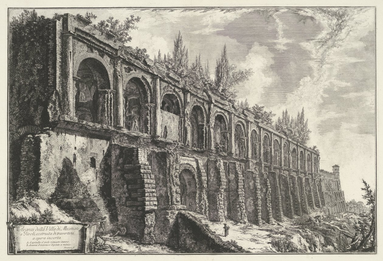 Tempel van Hercules Victor t og Tivoli Rester av Villa di Mecenate i Tivoli, bygget av travertiner av usikkert arbeid (tittel på objekt) Gezichten op Roma (serietittel) Utsikt over Roma designet og gravert av Giambattista Piranesi-arkitekten Ve (nez) iano  av Giovanni Battista Piranesi