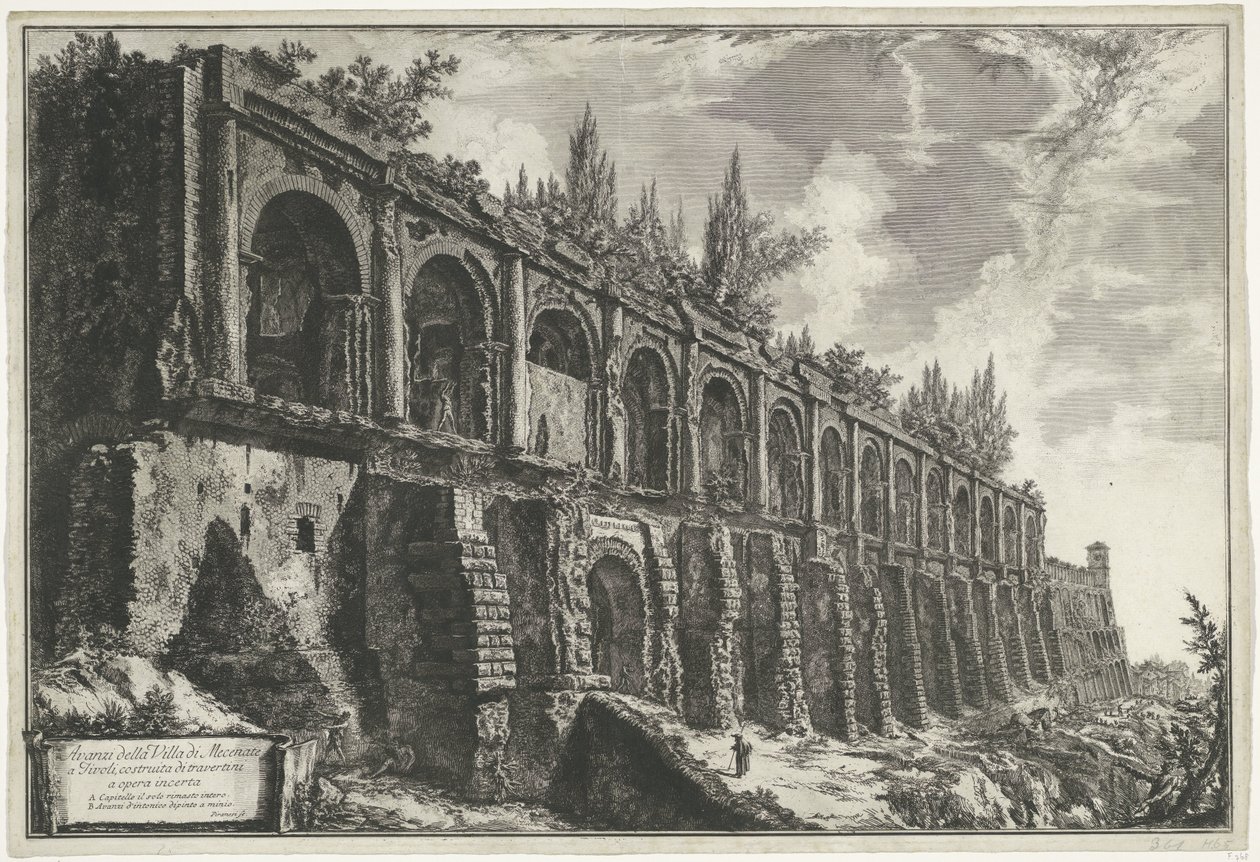 Tempel van Hercules Victor t og Tivoli Rester av Villa di Mecenate i Tivoli, bygget av travertiner av usikkert arbeid (tittel på objekt) Gezichten op Roma (serietittel) Utsikt over Roma designet og gravert av Giambattista Piranesi-arkitekten Ve (nez) iano  av Giovanni Battista Piranesi