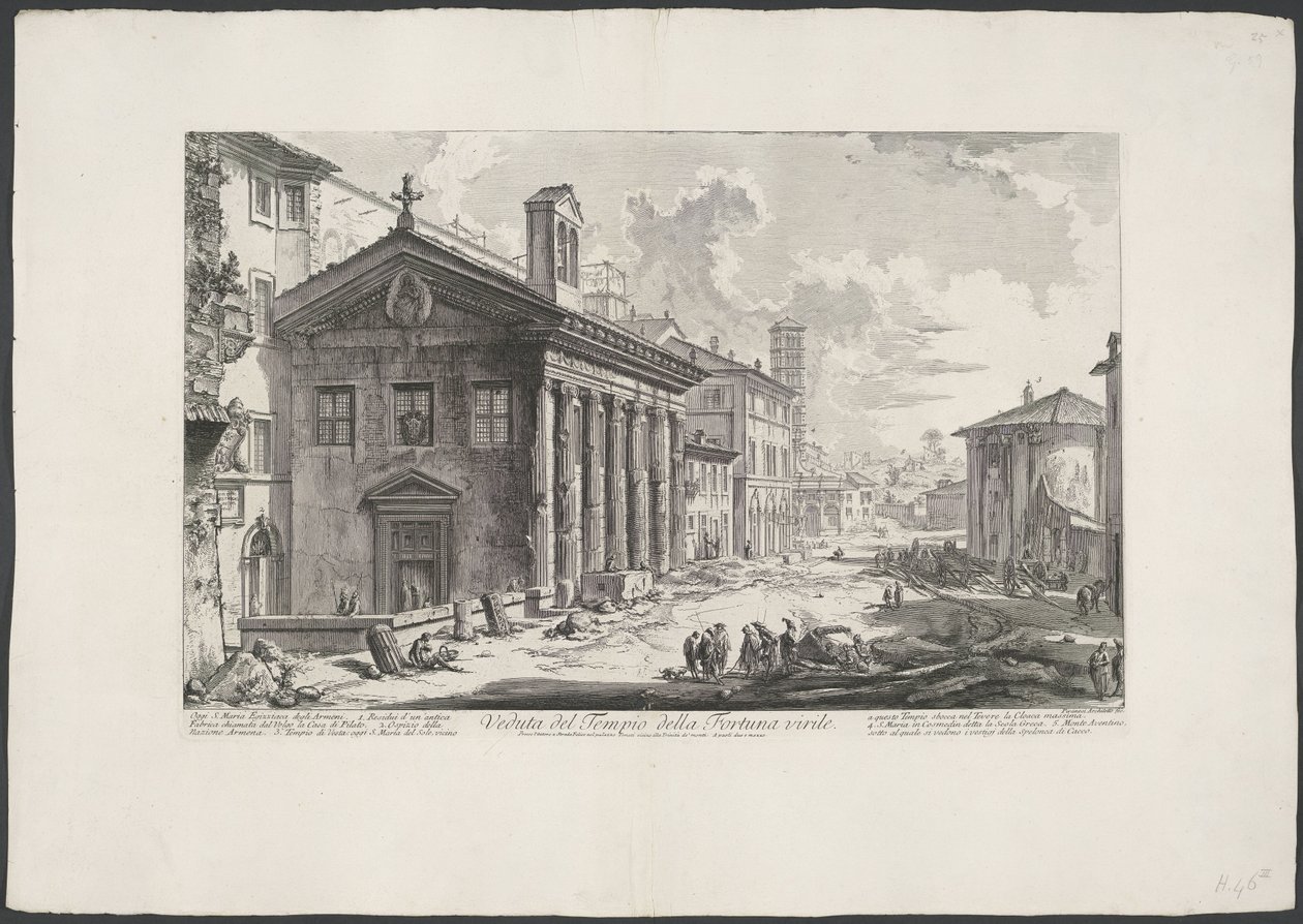 Tempel van Portunus te Roma Utsikt over Temple of Manly Fortune (tittel på objekt) Gezichten op Roma (serietittel) Utsikt over Roma designet og gravert av Giambattista Piranesi-arkitekten Ve (nez) iano (serietittel) av Giovanni Battista Piranesi