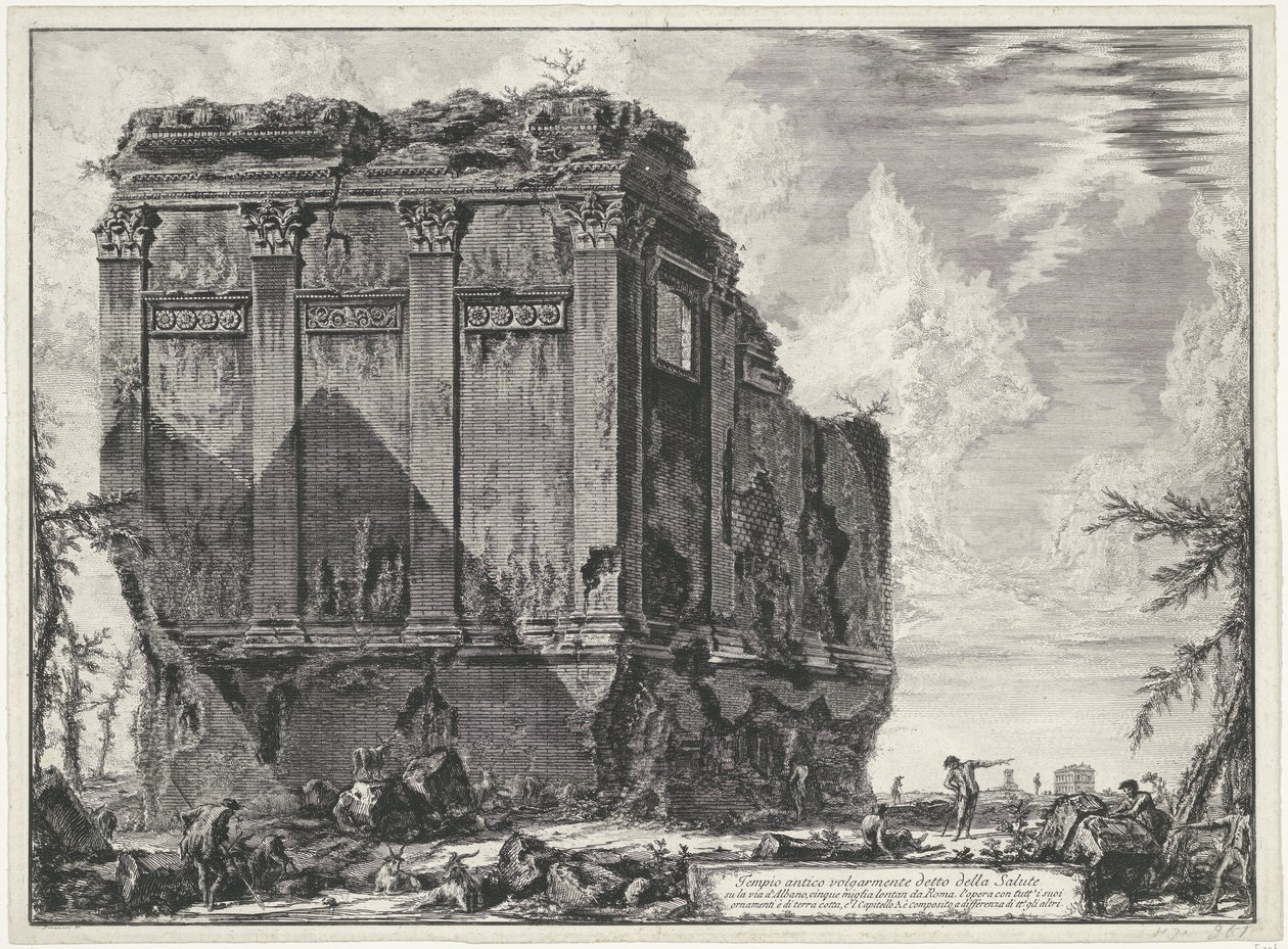 Tempel van Salus bij Roma Gamle tempel ofte kjent som della Salute på Via d'Albano, fem mil unna Rom (...) (tittel på objekt) Gezichten op Roma (serietittel) Utsikt over Roma tegnet og gravert av Giambattista Piranesi arkitekt Ve(nez av Giovanni Battista Piranesi