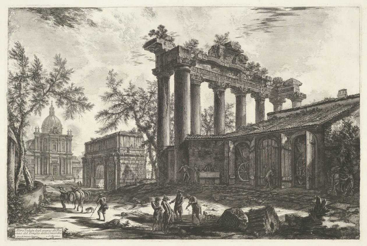Tempel van Saturnus te Roma En annen utsikt over restene av Pronaos av Temple of Concordia (tittel på objekt) Gezichten op Roma (serietittel) Utsikt over Roma designet og gravert av Giambattista Piranesi-arkitekten Ve (nez) iano (serietittel) av Giovanni Battista Piranesi