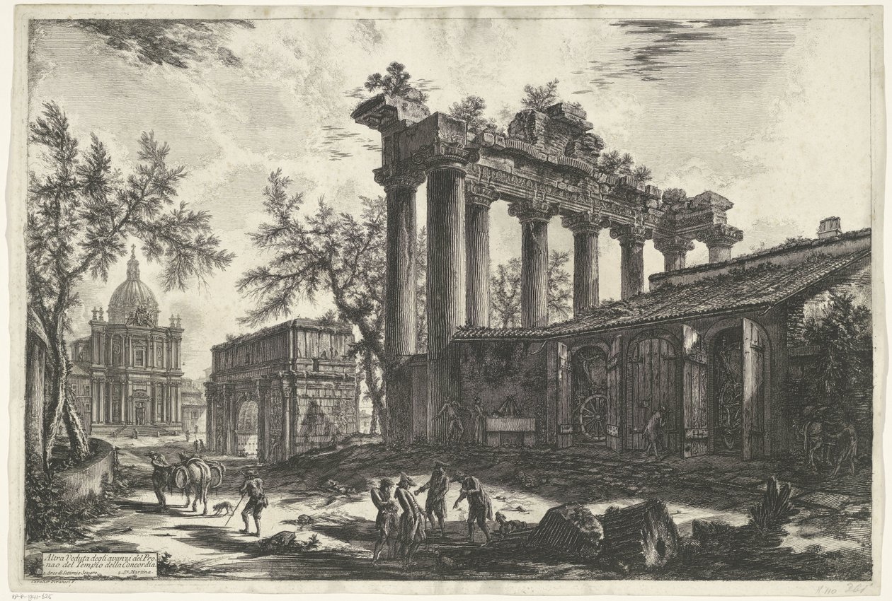 Tempel van Saturnus te Roma En annen utsikt over restene av Pronaos av Temple of Concordia (tittel på objekt) Gezichten op Roma (serietittel) Utsikt over Roma designet og gravert av Giambattista Piranesi-arkitekten Ve (nez) iano (serietittel) av Giovanni Battista Piranesi