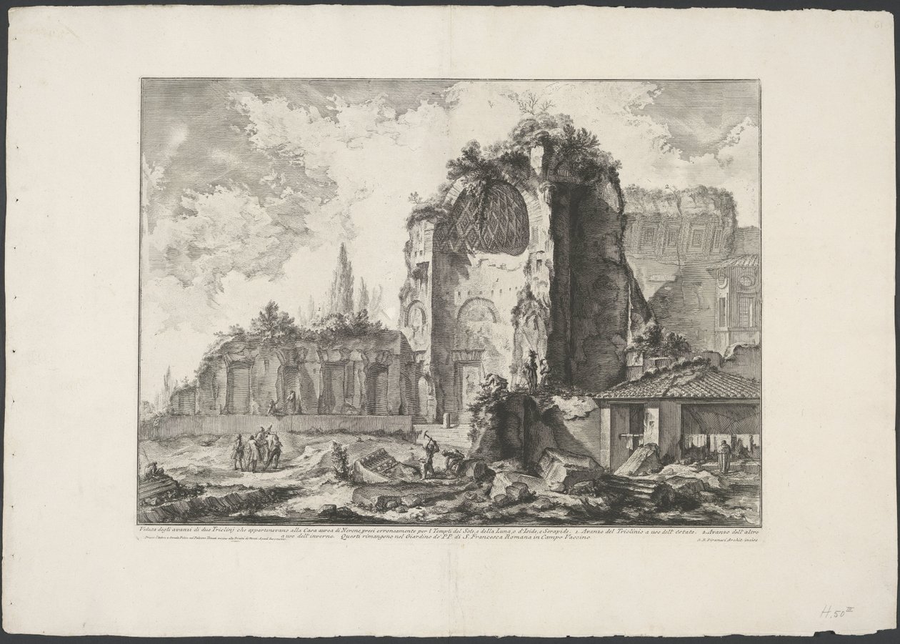 Tempel van Venus en Roma i Roma Utsikt over restene av to Triclini som tilhørte Neros gyldne hus (...) (tittel på objekt) Gezichten op Roma (serietittel) Utsikt over Roma designet og gravert av Giambattista Piranesi-arkitekten Ve (nez) iano av Giovanni Battista Piranesi