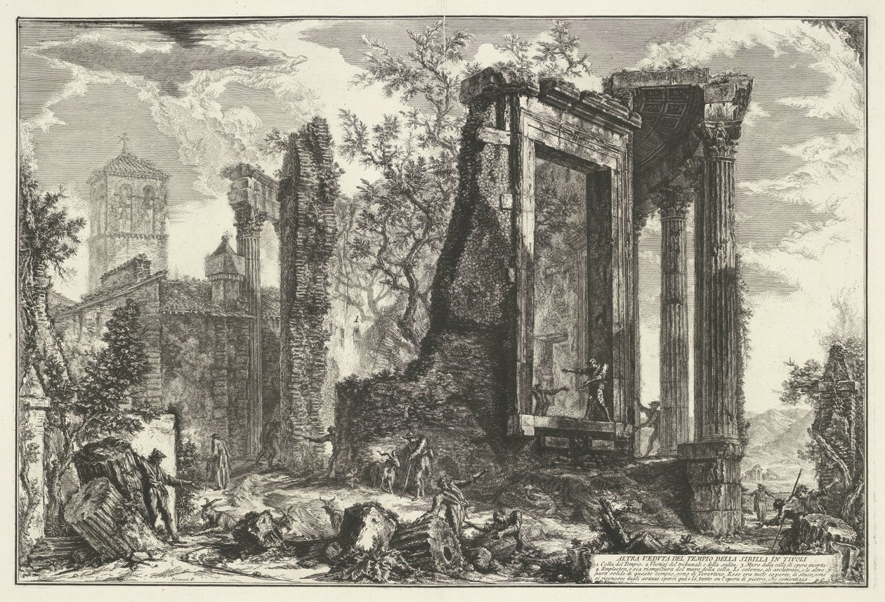 Tempel van Vesta en de Tempel van de Tiburtijnse Sibille i Tivoli En annen utsikt over Sibyllens tempel i Tivoli (tittel på objekt) Gezichten op Roma (serietittel) Utsikt over Roma designet og gravert av Giambattista Piranesi-arkitekten Ve (nez) iano (ser) av Giovanni Battista Piranesi