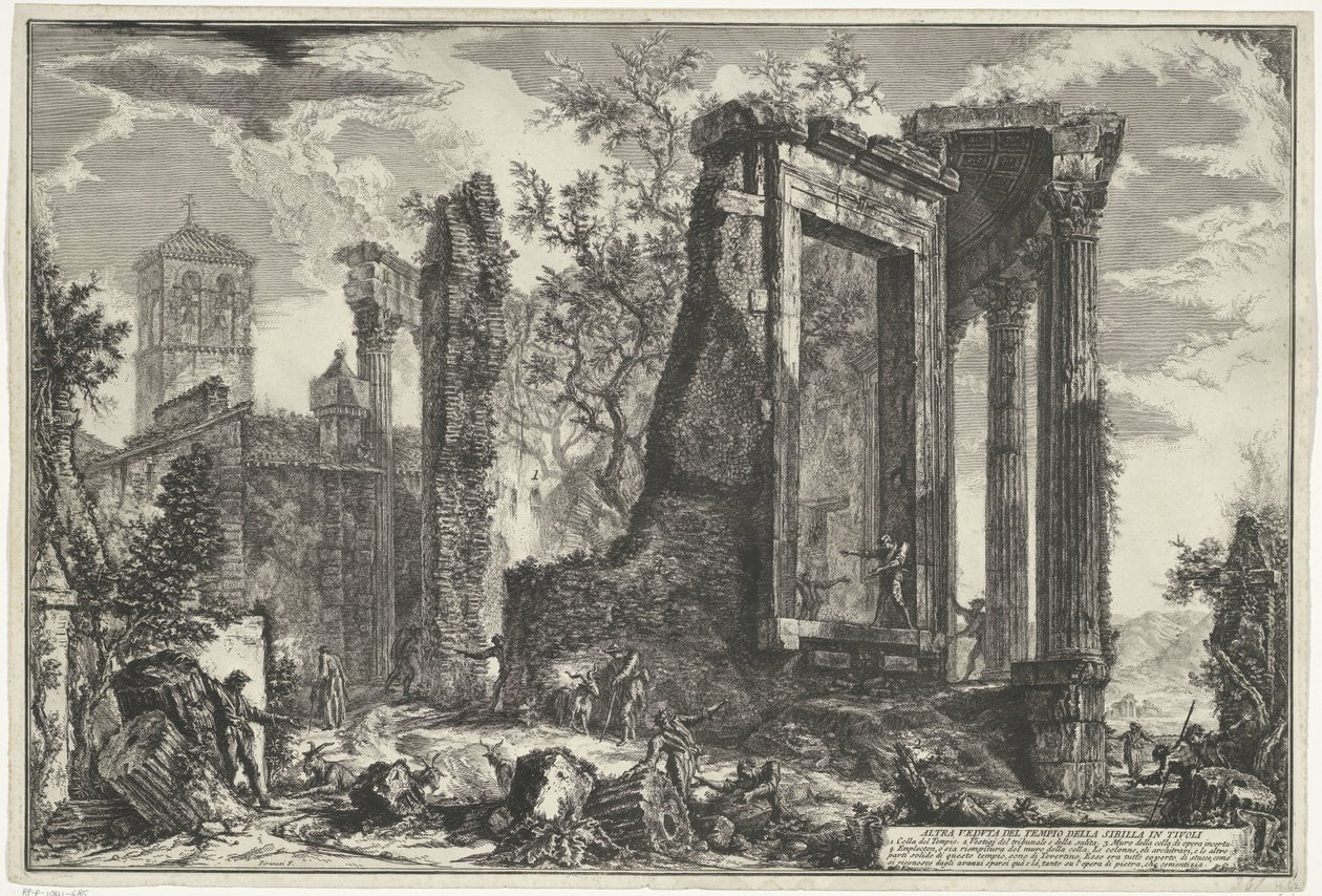 Tempel van Vesta en de Tempel van de Tiburtijnse Sibille i Tivoli En annen utsikt over Sibylltemplet i Tivoli (tittel på objekt) Gezichten op Roma (serietittel) Utsikt over Roma designet og gravert av Giambattista Piranesi-arkitekten Ve (nez) iano (ser) av Giovanni Battista Piranesi