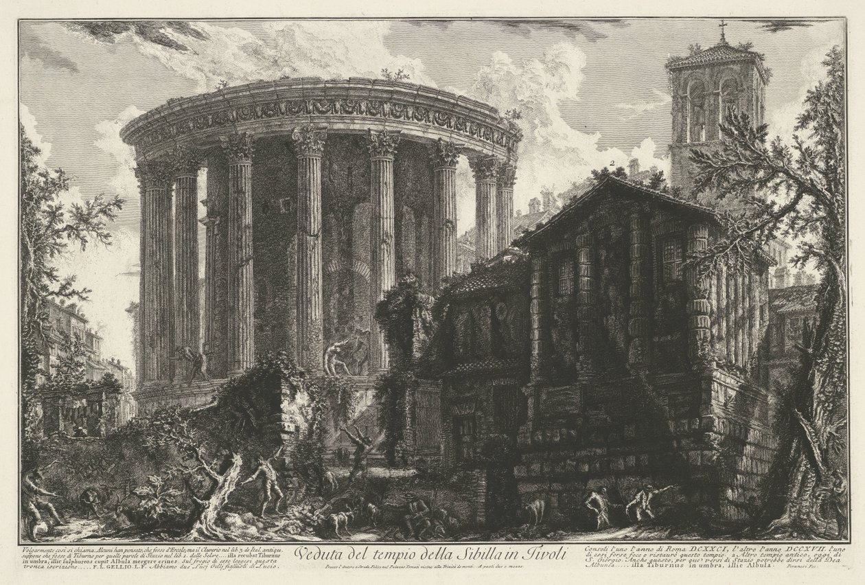 Tempel van Vesta en de Tempel van de Tiburtijnse Sibille i Tivoli Utsikt over sibyllens tempel i Tivoli (tittel på objekt) Gezichten op Roma (serietittel) Utsikt over Roma tegnet og gravert av Giambattista Piranesi-arkitekten Ve(nez)iano (serier) ti av Giovanni Battista Piranesi