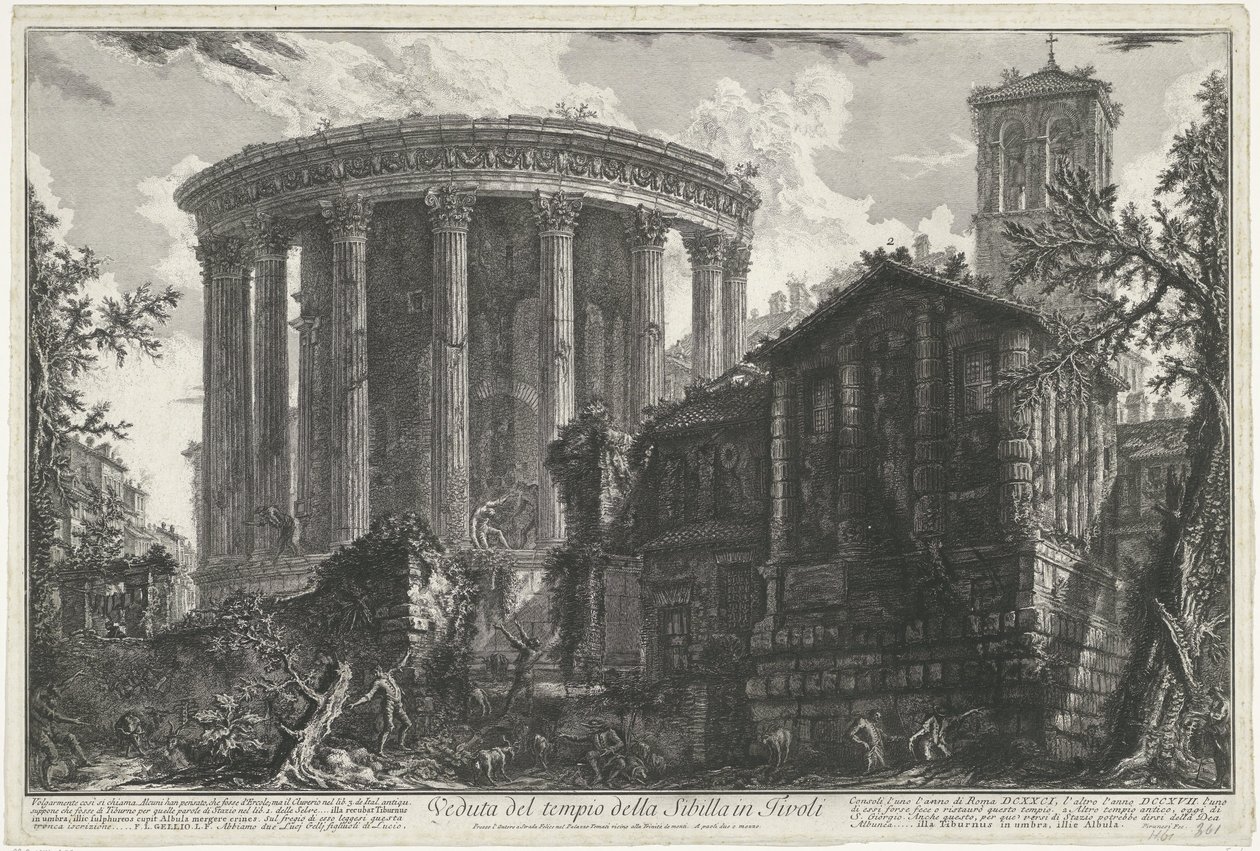 Tempel van Vesta en de Tempel van de Tiburtijnse Sibille i Tivoli Utsikt over sibyllens tempel i Tivoli (tittel på objekt) Gezichten op Roma (serietittel) Utsikt over Roma designet og gravert av Giambattista Piranesi-arkitekten Ve (nez) iano (serie ti av Giovanni Battista Piranesi
