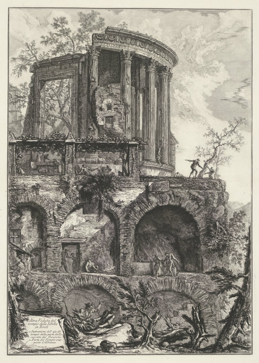 Tempel van Vesta t og Tivoli En annen utsikt over Sibyltempelet i Tivoli (tittel på objekt) Gezichten op Roma (serietittel) Utsikt over Roma designet og gravert av Giambattista Piranesi-arkitekten Ve (nez) iano (serietittel) av Giovanni Battista Piranesi