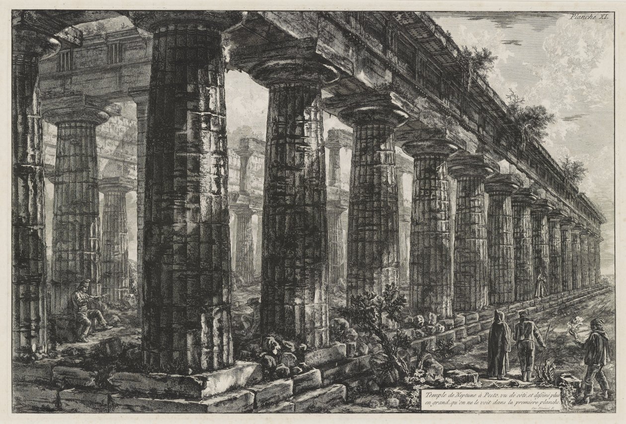 Neptuns tempel i Paestum, sett fra siden og tegnet i større målestokk enn det ses på den første tavlen, fra Différentes vues de ... Pesto (Differen av Giovanni Battista Piranesi