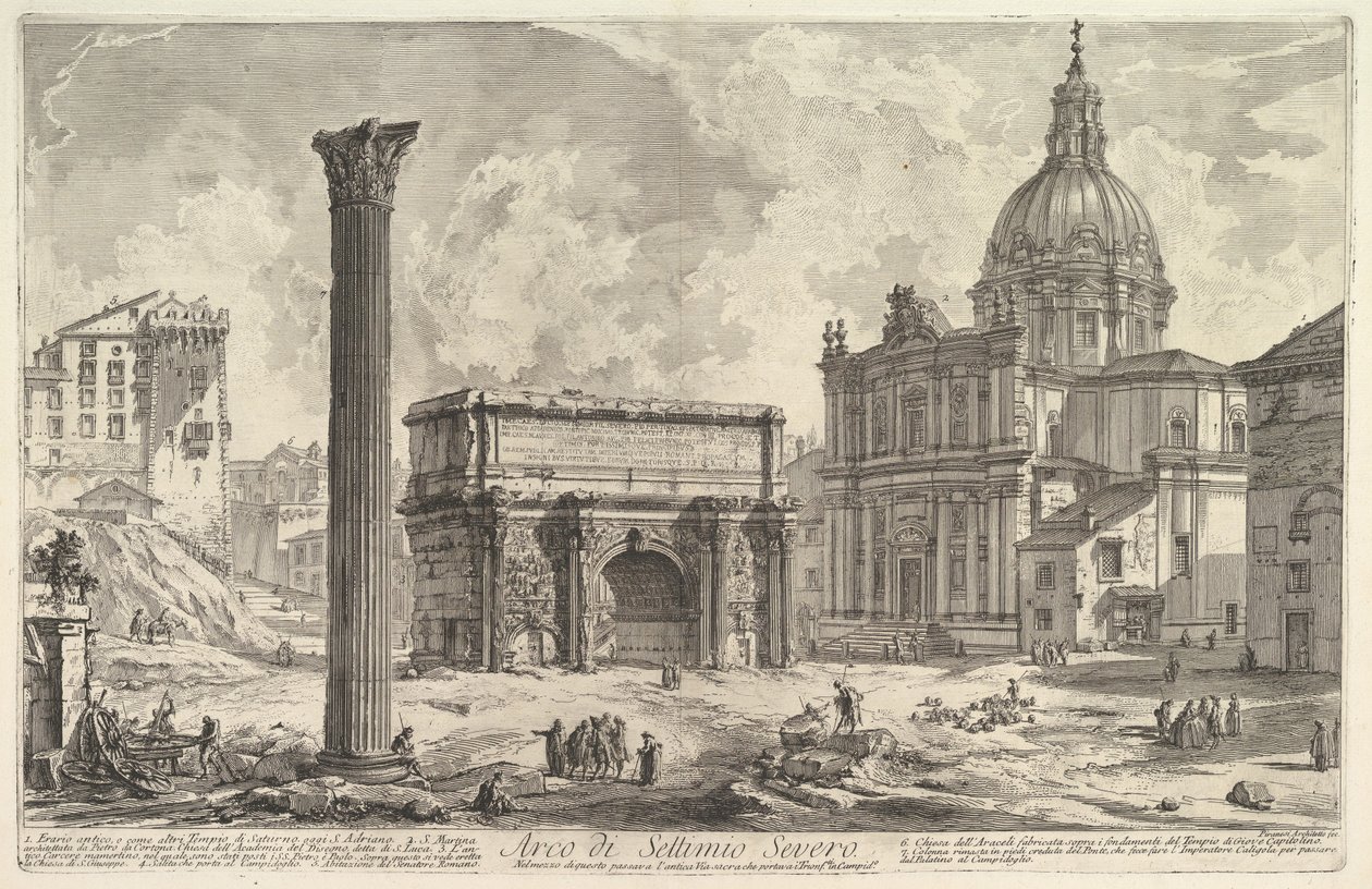 Septimius Severus-buen, med S. Martina-kirken til høyre (Arco di Settimio Severo), fra «Vedute di Roma» av Giovanni Battista Piranesi