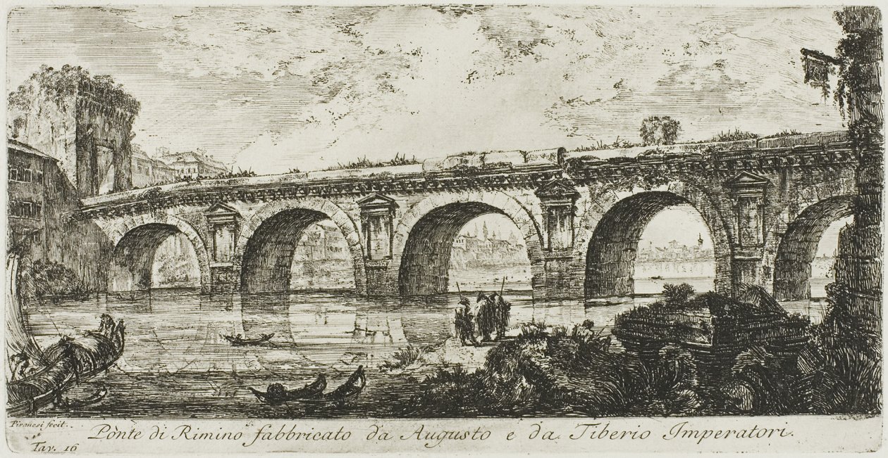 Broen ved Rimini bygget av keiserne Augustus og Tiberius, plate 16 fra noen utsikter over triumfbuer og andre monumenter av Giovanni Battista Piranesi