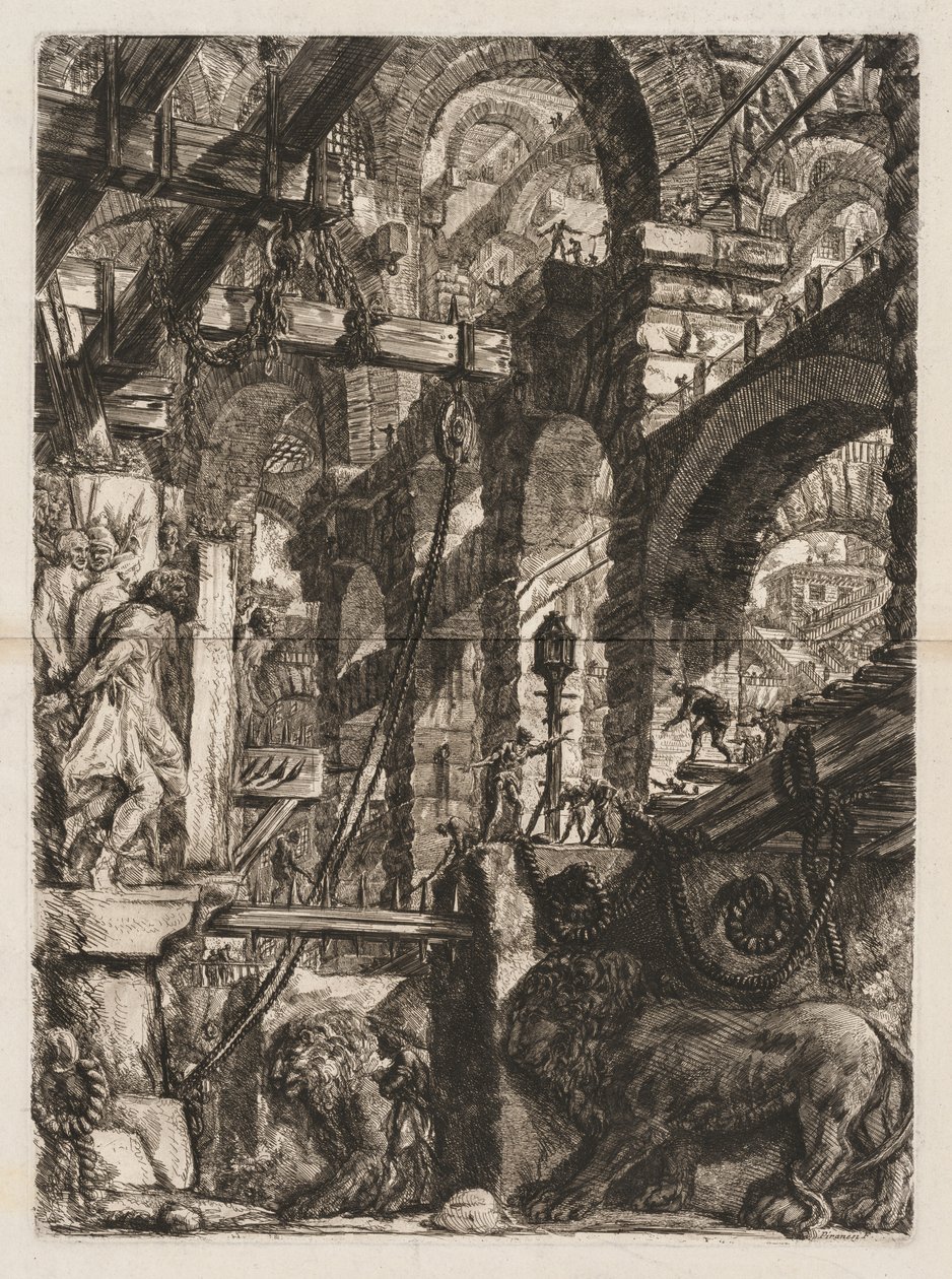 The Prisons: A Perspective of Roman Arches, med to løver skåret i relieff på steinplater i forgrunnen av Giovanni-Battista Piranesi