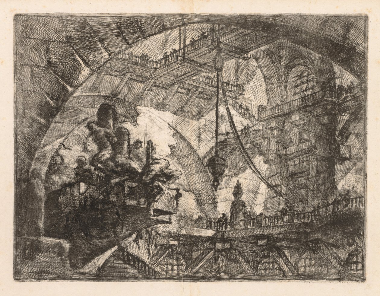 The Prisons: Et stort galleri med en gruppe fanger av Giovanni Battista Piranesi
