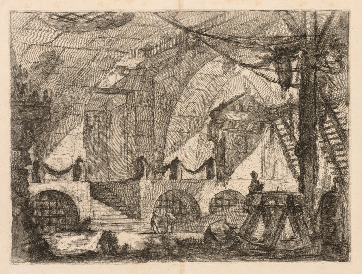 Fengslene: Et buet kammer med stolper og kjeder, 1745-1750. av Giovanni Battista Piranesi