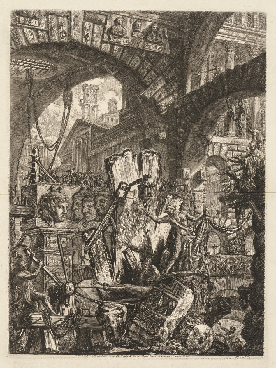 The Prisons: An Architectural Medly, with a Man on the Rock i forgrunnen, 1745-50. av Giovanni Battista Piranesi