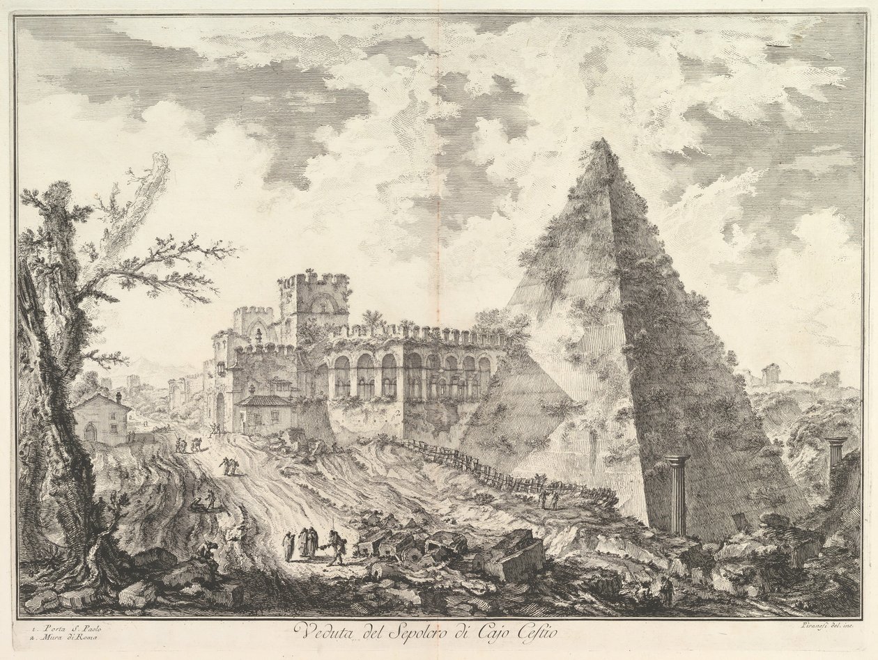 Pyramiden til Caius Cestius, med Porta S. Paolo og den tilstøtende veien Veduta del S..., ca. 1755. av Giovanni Battista Piranesi