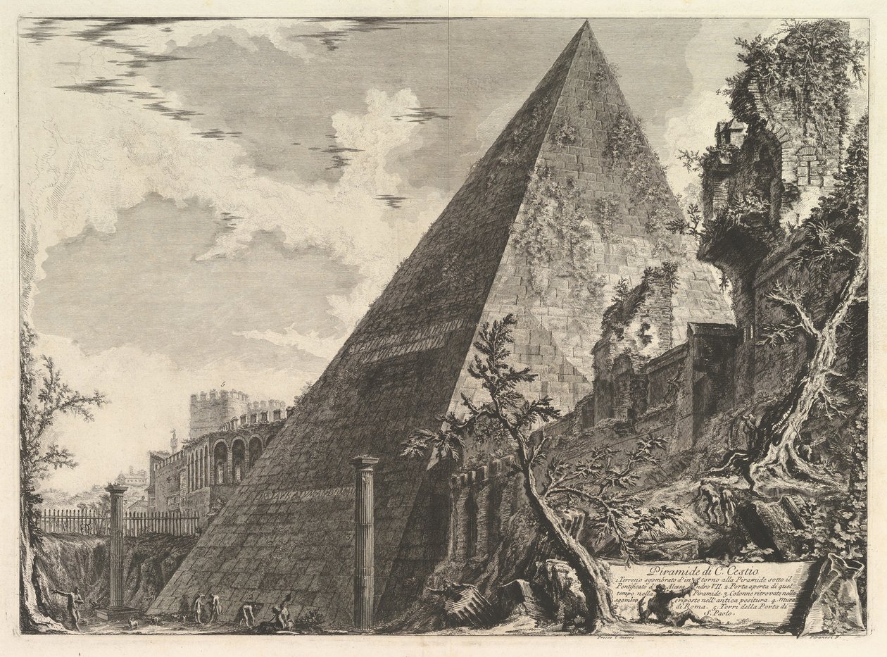Pyramiden til Gaius Cestius, fra Vedute di Roma Roman Views, ca. 1756. av Giovanni Battista Piranesi