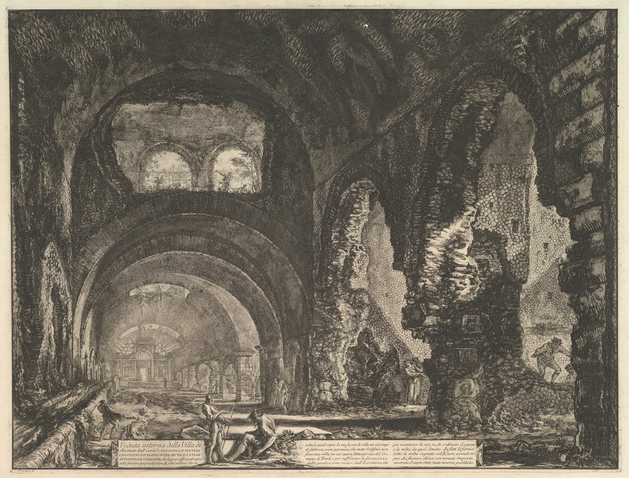 Den såkalte Villa of Maecenas i Tivoli. Interiør med to figurer i åpningen av..., ca. 1764. av Giovanni Battista Piranesi