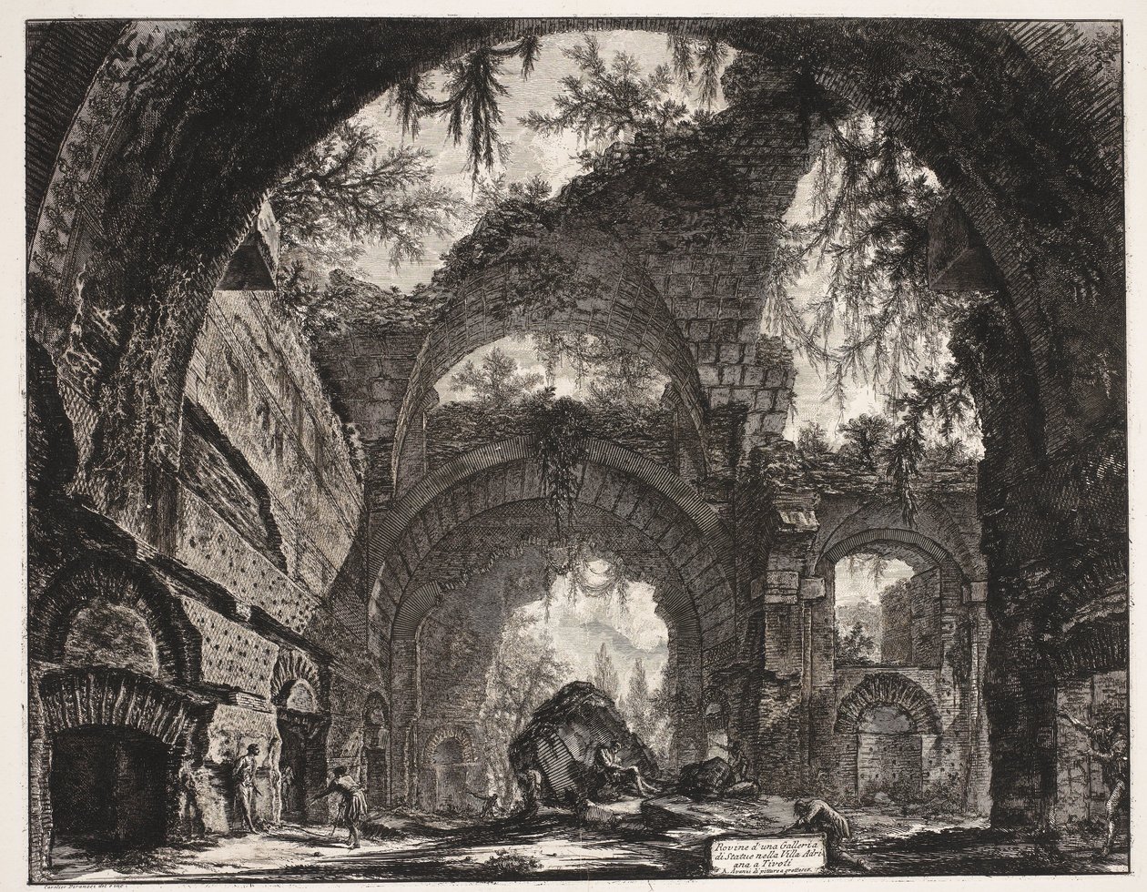 Thermen i de Villa Adriana t og Tivoli Ruinene av et galleri med statuer i Hadrians villa i Tivoli (tittel på objekt) Gezichten op Roma (serietittel) Utsikt over Roma designet og gravert av Giambattista Piranesi-arkitekten Ve (nez) iano (serietittel) av Giovanni Battista Piranesi