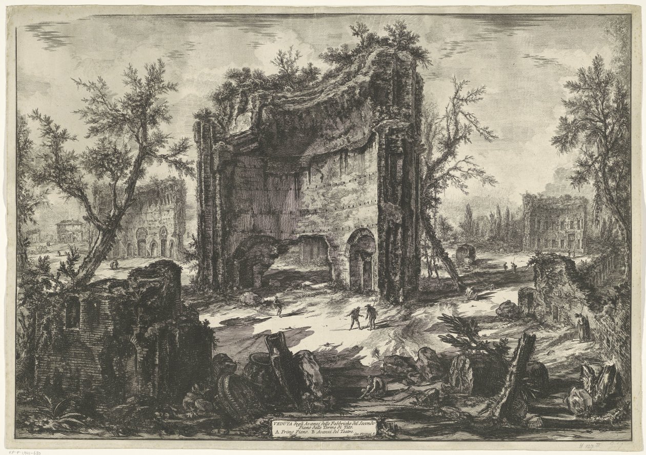 Thermen van Trajanus te Roma Utsikt over restene av fabrikkene i andre etasje i Terme di Tito (tittel på objekt) Gezichten op Roma (serietittel) Utsikt over Roma designet og gravert av Giambattista Piranesi-arkitekten Ve (nez) iano (serietittel) av Giovanni Battista Piranesi